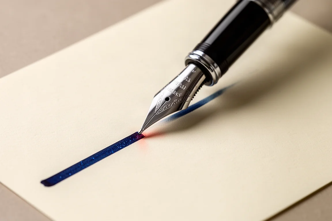 Füllfederhalter schreibt auf cremefarbenem Papier mit tiefblauer schimmernder Tinte