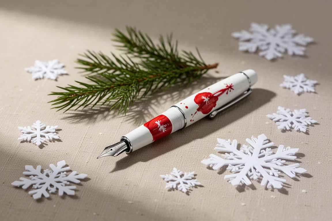 Füllfederhalter neben winterlicher Weihnachtsdekoration auf neutralem Hintergrund
