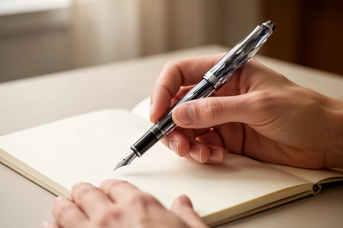 Primo piano della sezione con pennino di una penna stilografica con pennino broad in acciaio inossidabile