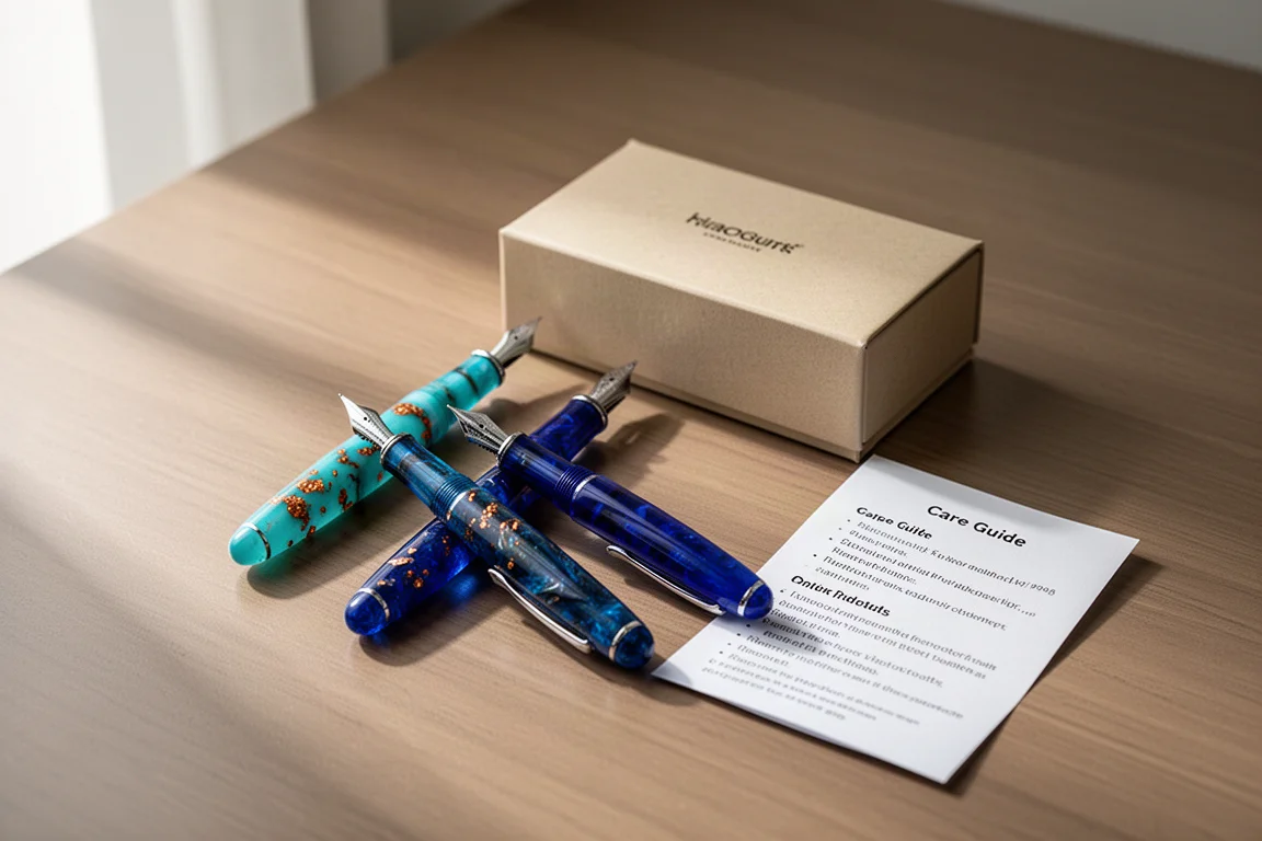 Deux petits stylos-plumes de poche en résine turquoise et bleue à côté de leur emballage compact