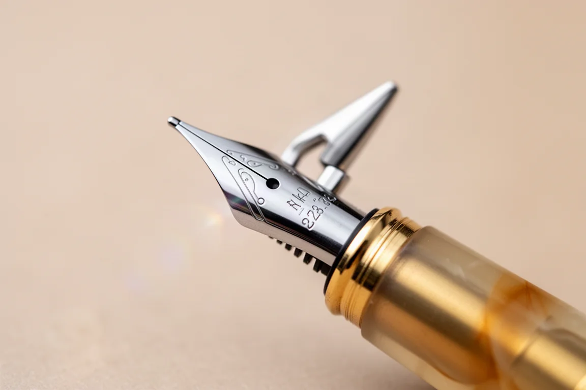 Gros plan sur une petite plume en acier d'un stylo-plume de poche compact