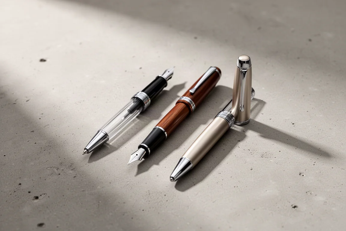 Trois stylos-plumes de poche compacts alignés pour une comparaison de taille