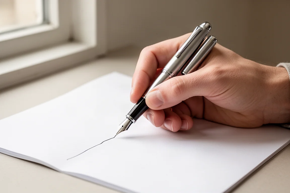 Una mano scrive con una stilografica da tasca con cappuccio avvitato su carta bianca