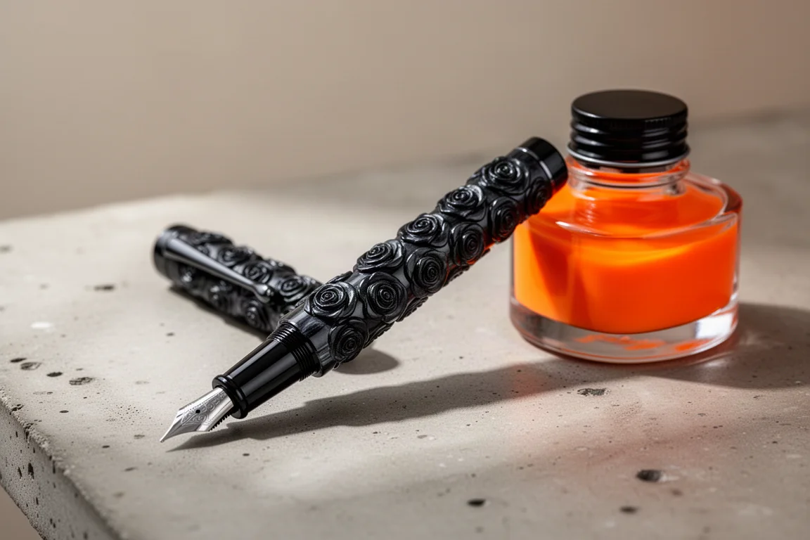 Estilográfica negra texturizada con patrón de rosas en relieve apoyada en un escritorio junto a un frasco de tinta abierto