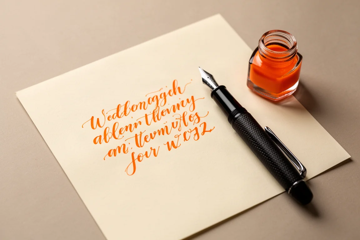 Muestra de escritura a mano con tinta naranja vibrante sobre papel color crema