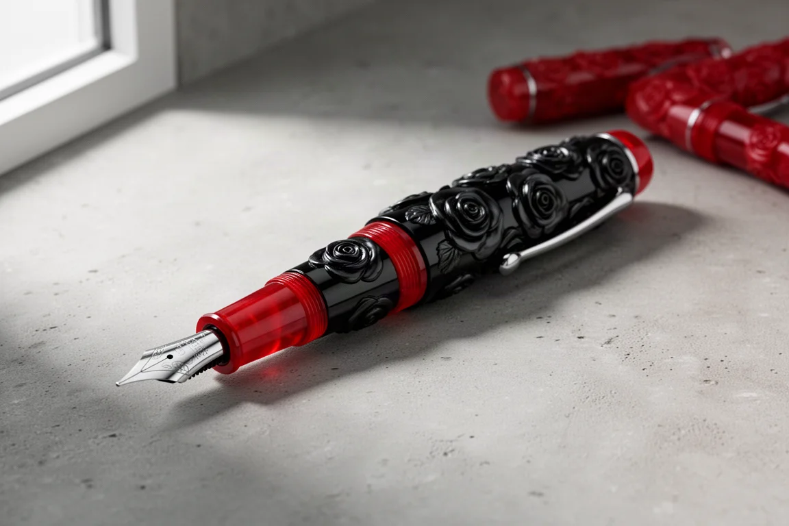 Black textured fountain pen with raised rose pattern and red cap band on concrete surface