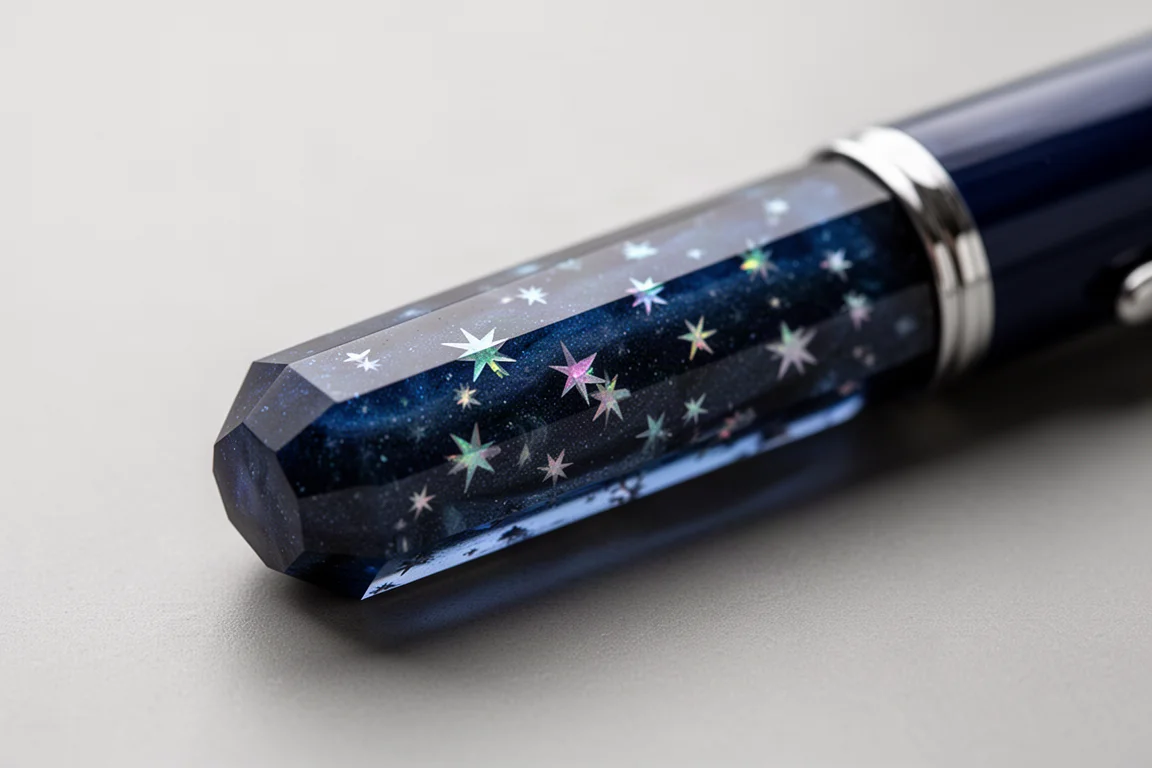 多切面蓝色钢笔笔杆在光线折射下呈现彩虹般的星点