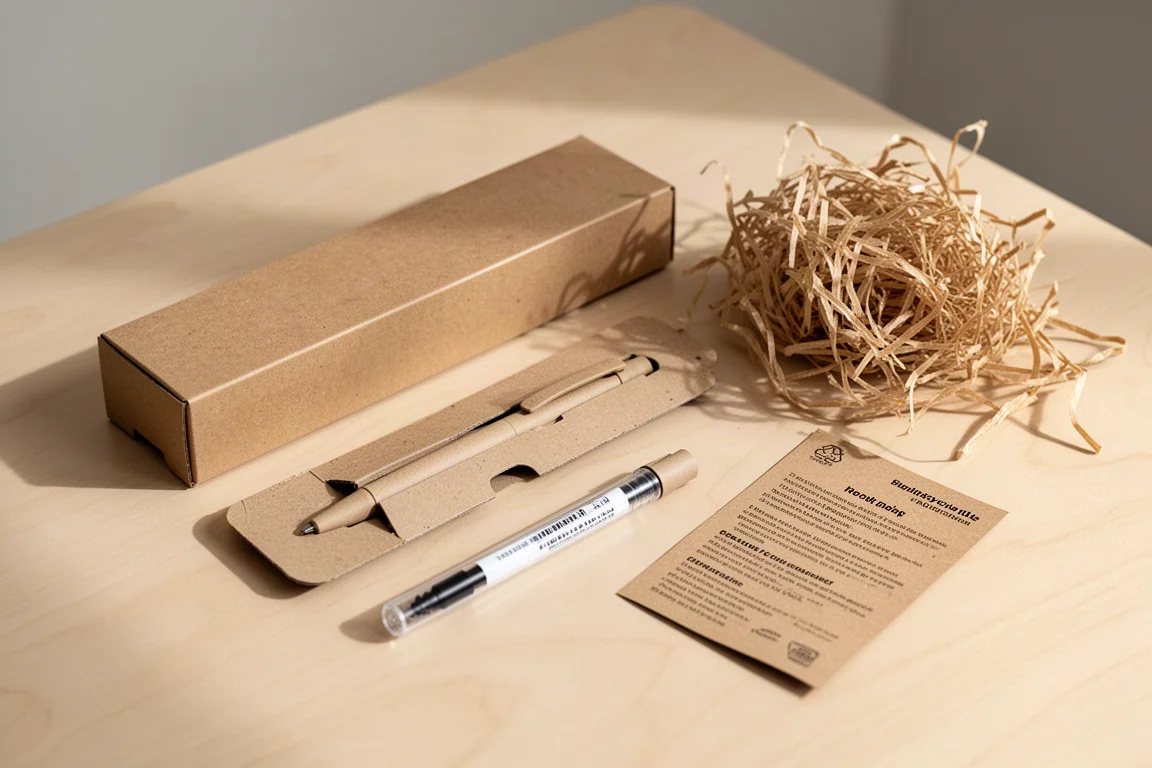 Unboxed recyclable cardboard packaging with a pen sleeve and ink cartridge on a desk