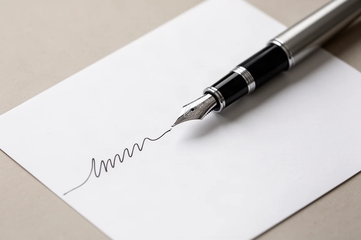 Fountain pen nib writing on white paper with visible line variation