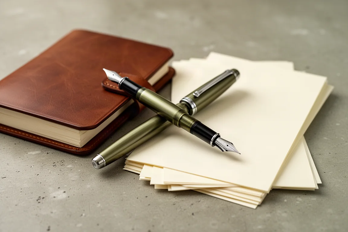 Fountain pen posted with cap on barrel held in a writing position