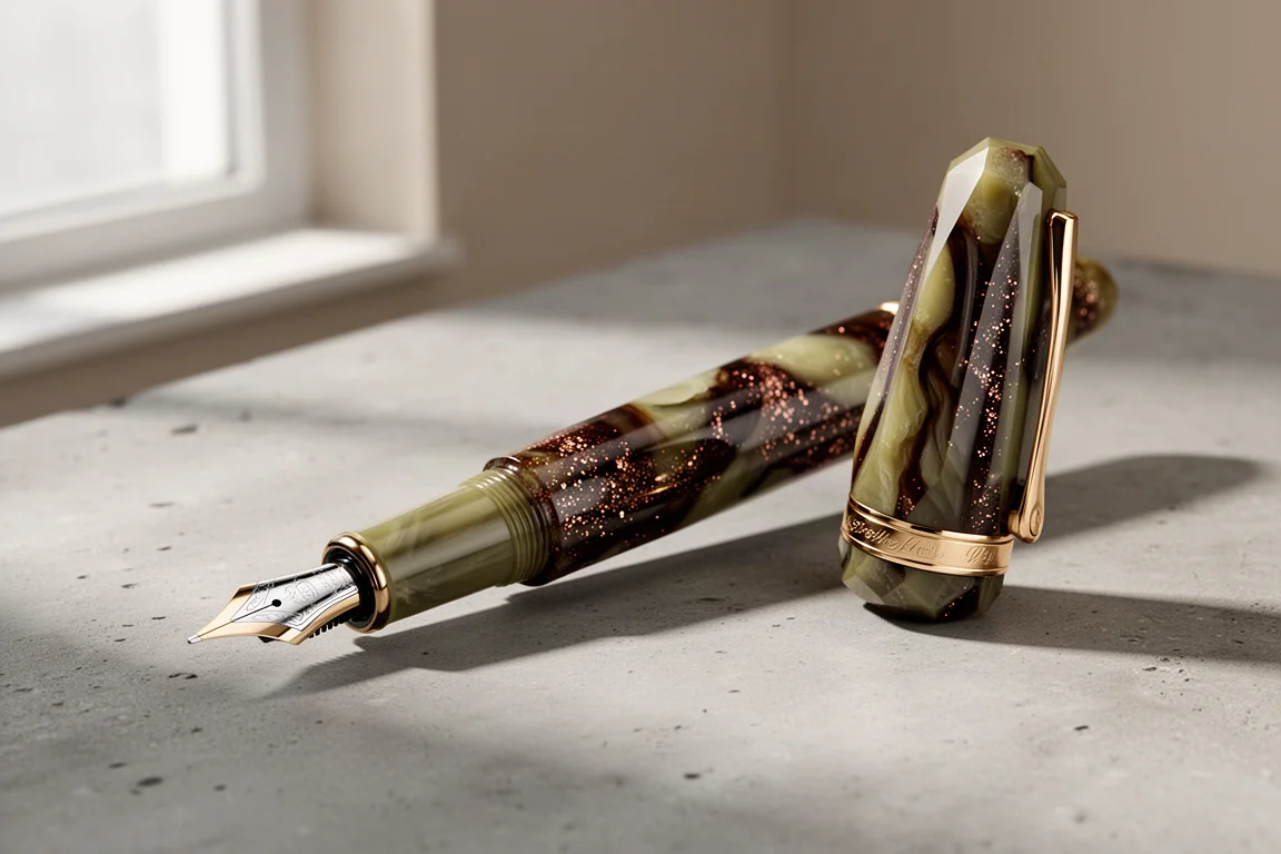 Penna stilografica Benu Tribute Darwin con corpo in resina verde e marrone glitterato su superficie di cemento