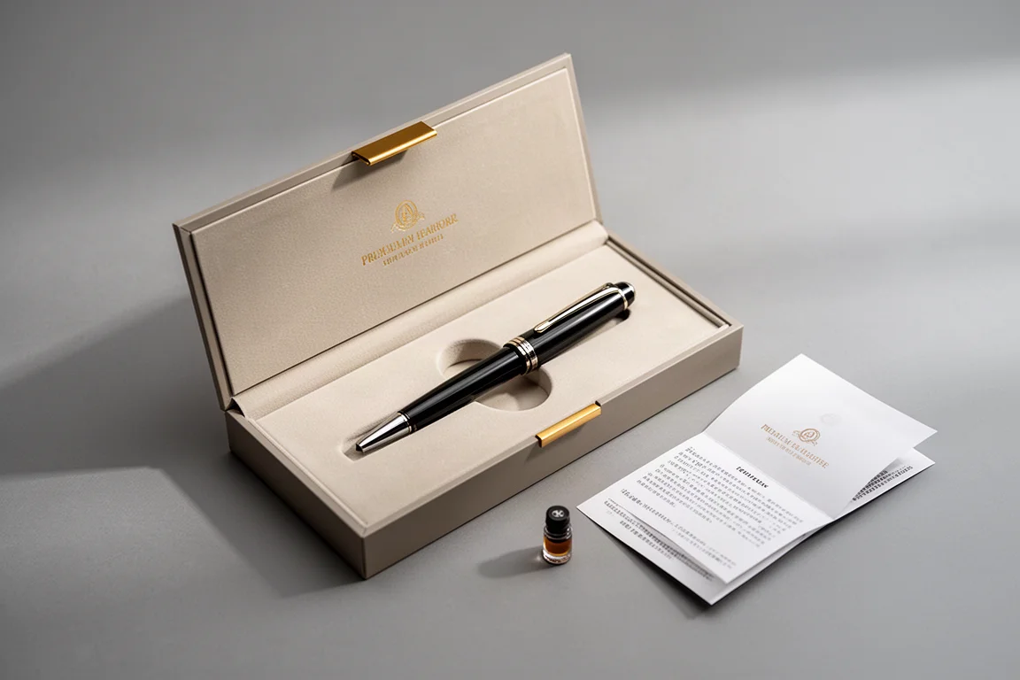 Füllfederhalter in einer eleganten magnetischen Geschenkbox mit Goldprägung präsentiert