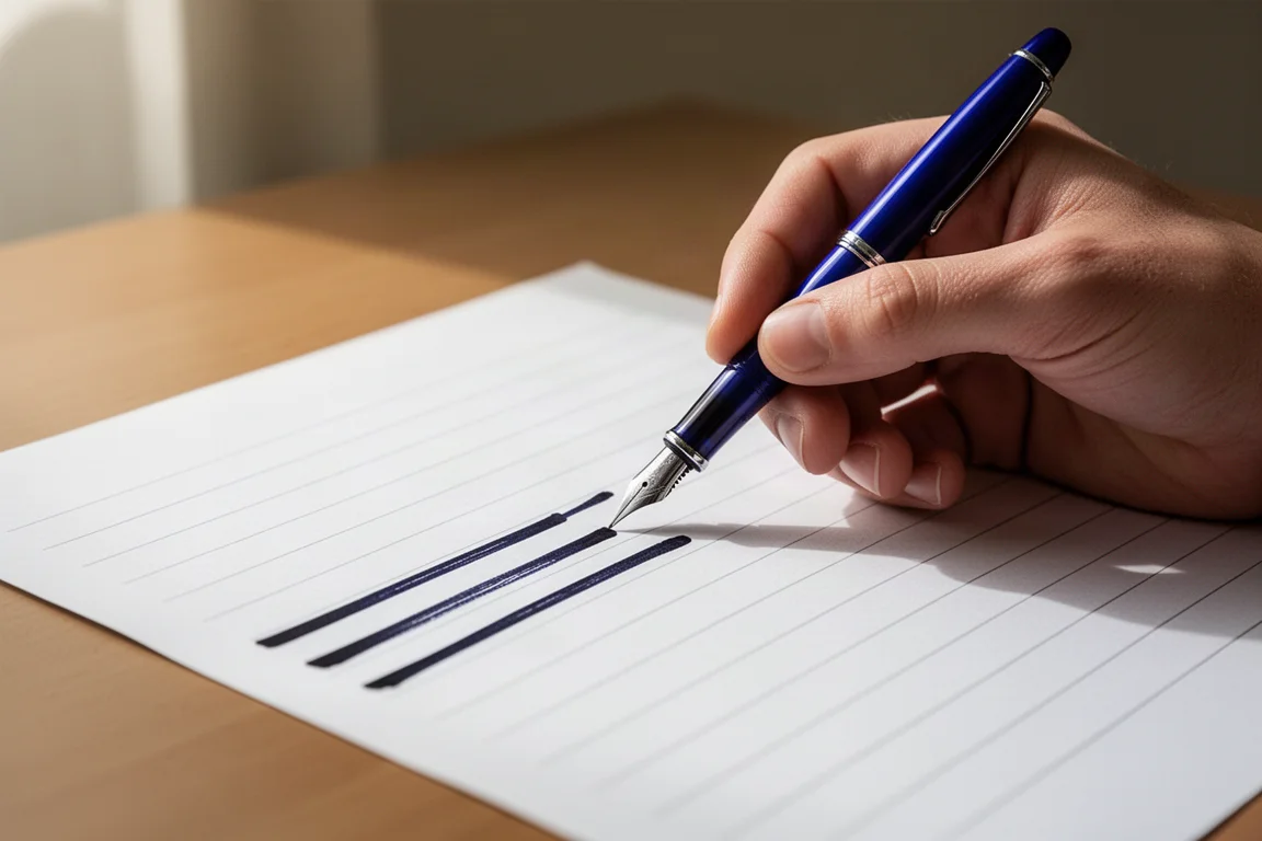 Schreibende Hand beim Schreiben einer Schreibprobe mit breiter Feder auf liniertem Papier