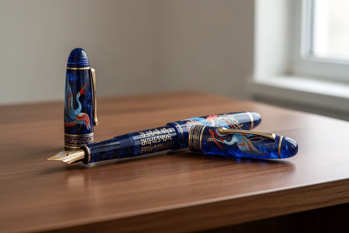 Penna stilografica Benu Tribute Echoes of Armenia dipinta a mano con decorazioni blu, rosse e oro