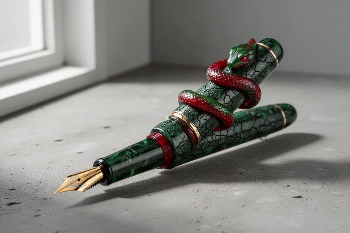 Resin fountain pen with a sculpted red and green snake wrapped around its textured cap