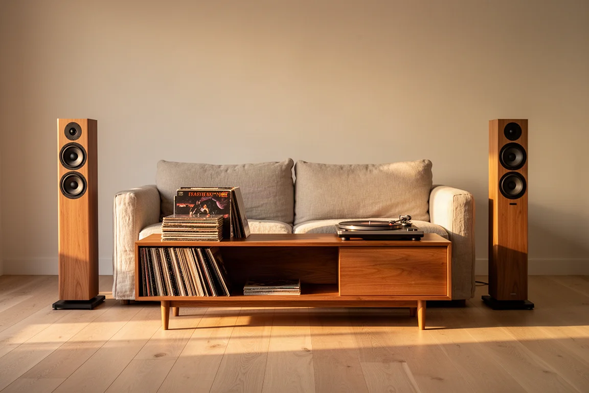 Minimal living room with floor-standing speakers flanking a wooden console at golden hour