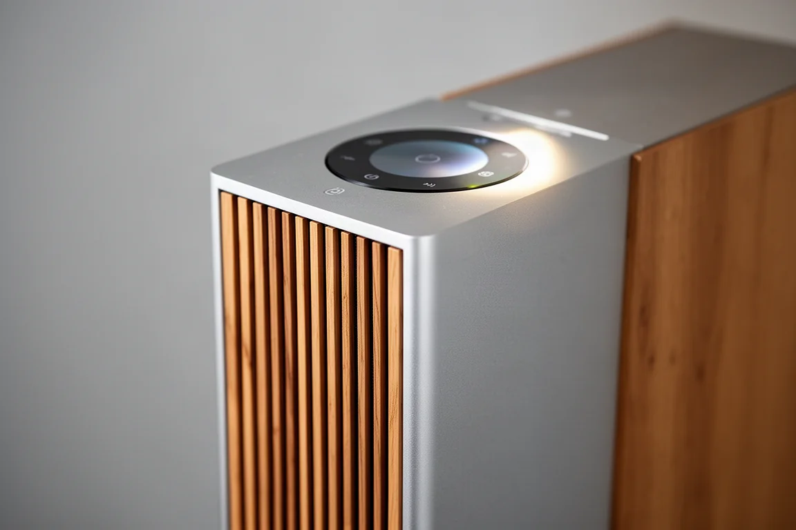 Close-up of wooden slats and top touch controls on a slim aluminium speaker