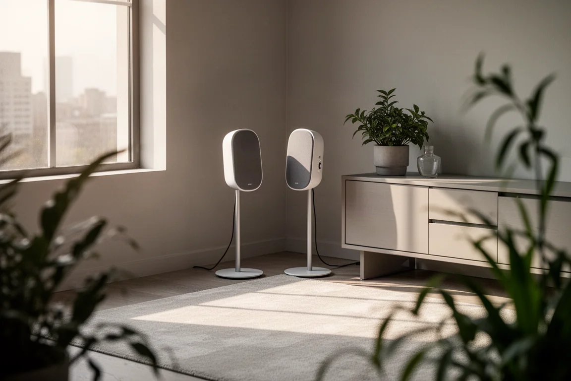 Compact curved speakers on stands in a bright modern apartment corner