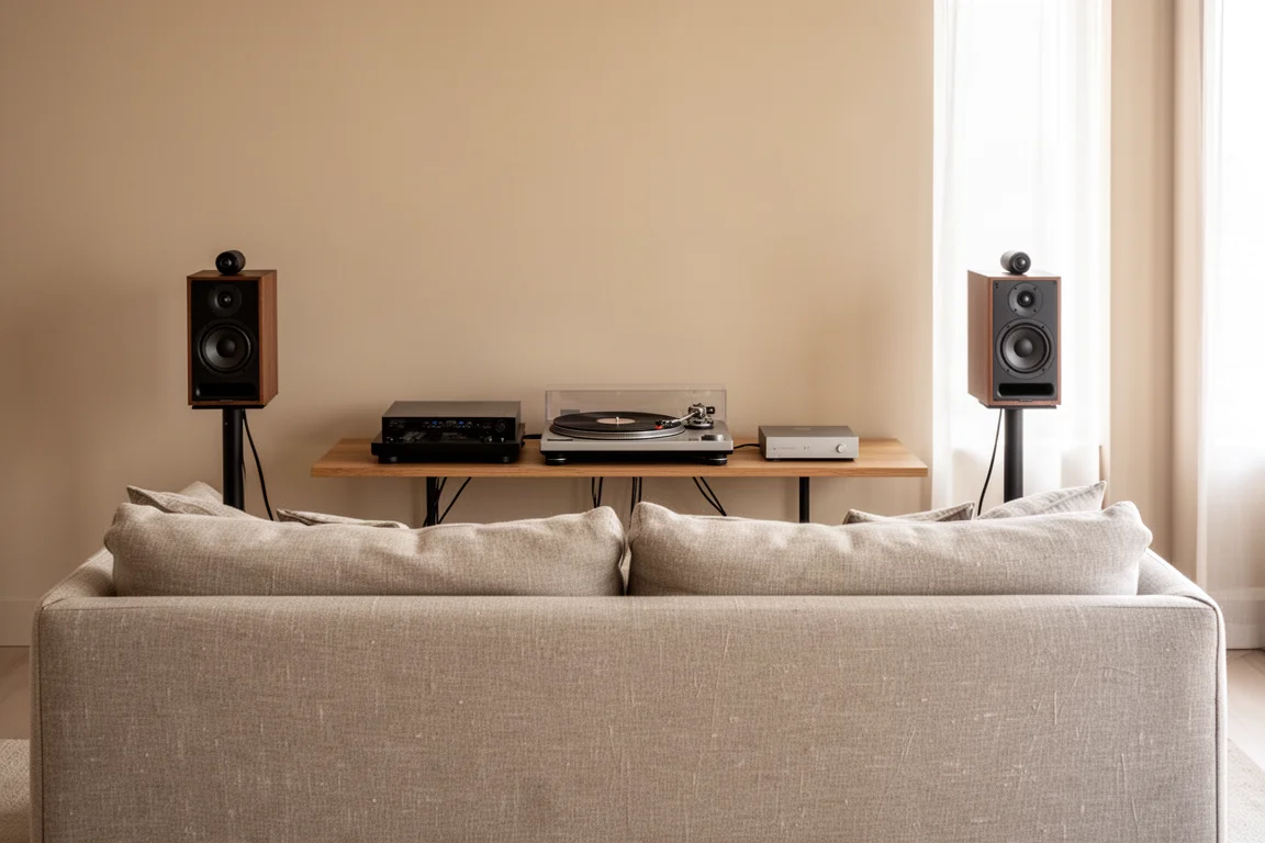 Listening setup with turntable and speaker stands viewed from behind a sofa