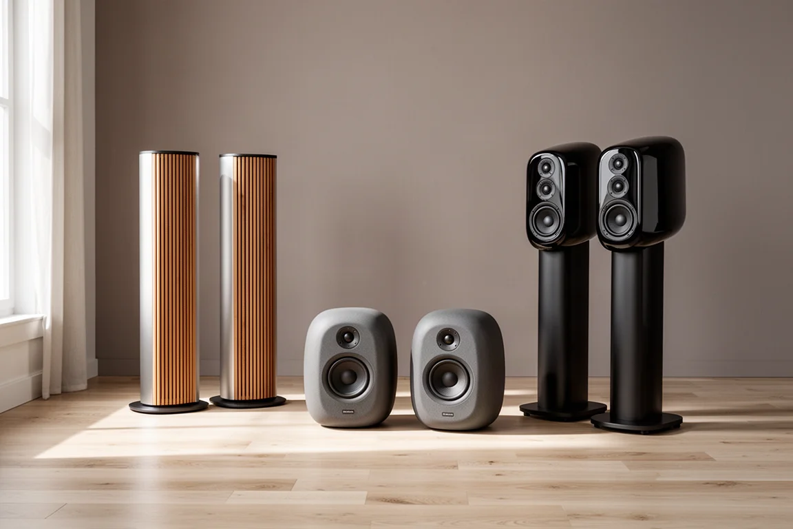 Three pairs of premium wireless speakers arranged in a minimal listening room