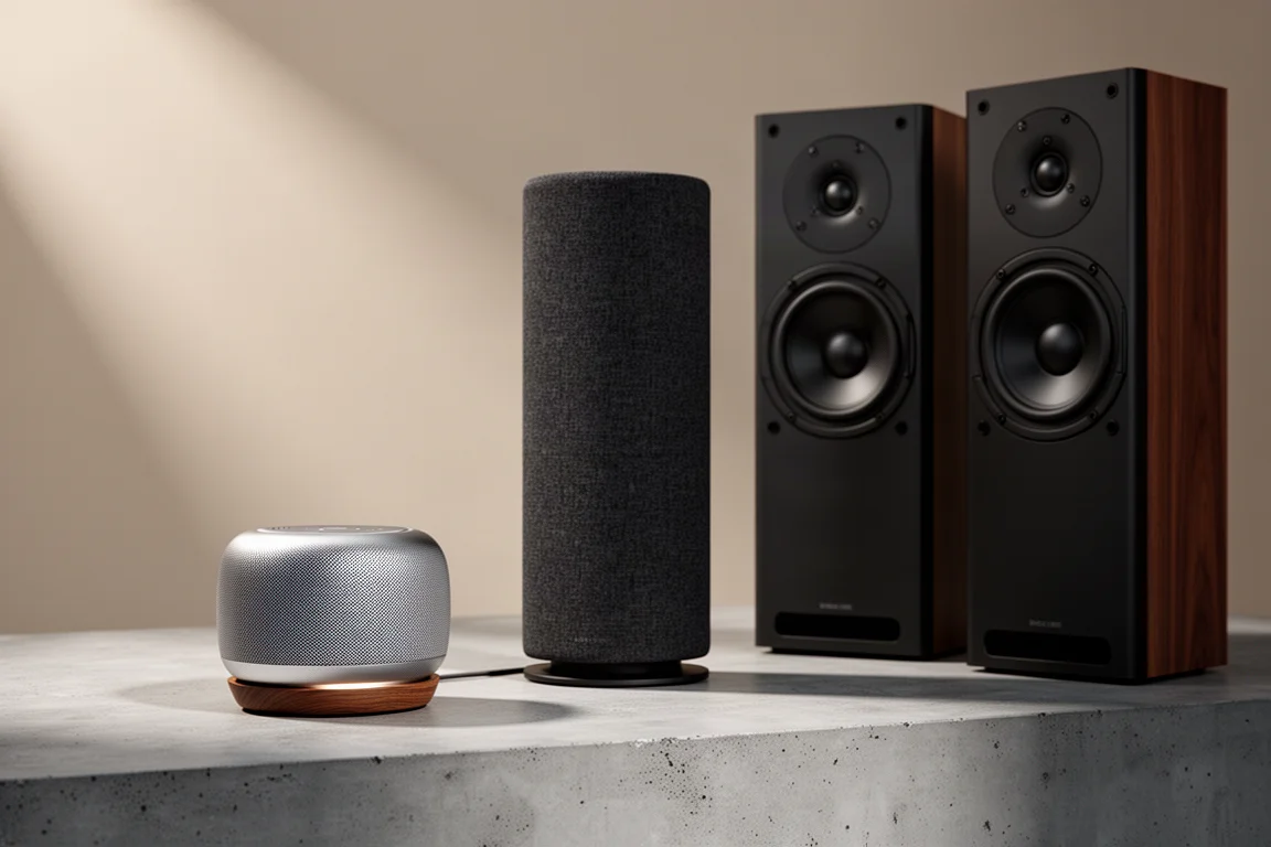 Compact powered speaker, slim floorstanding speaker, and stand-mounted speakers on concrete