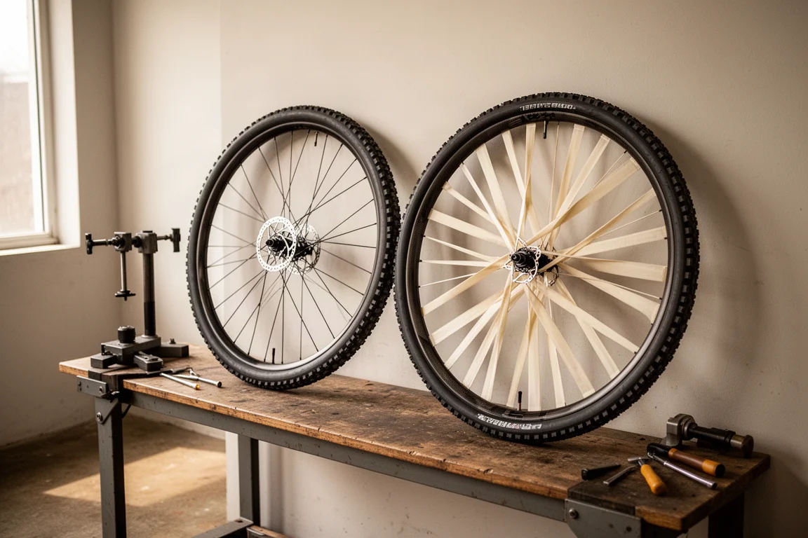 Deux jeux de roues de VTT appuyés côte à côte dans un atelier, avec des outils à proximité