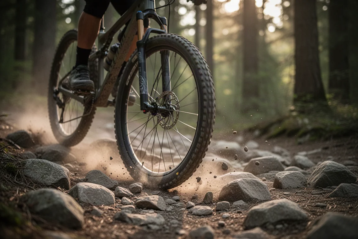 Roue de VTT roulant sur un sentier forestier rocailleux dans la lumière de l'après-midi