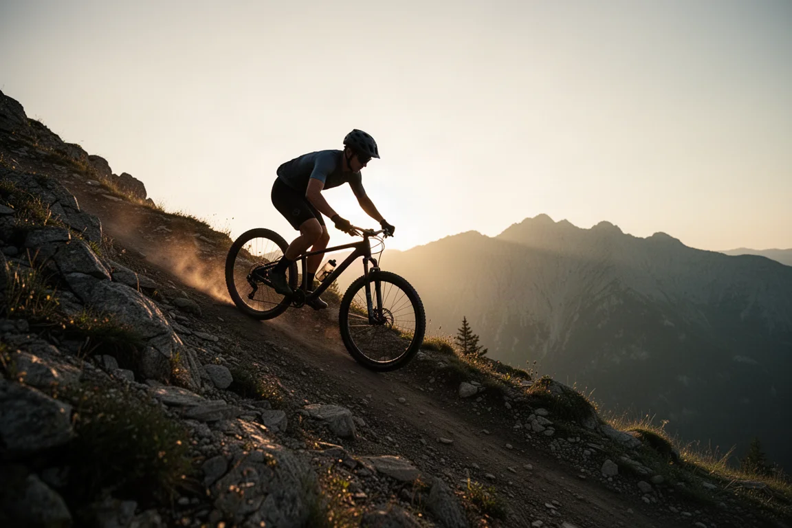 Rider grimpant un sentier rocailleux escarpé au lever du soleil, longues ombres