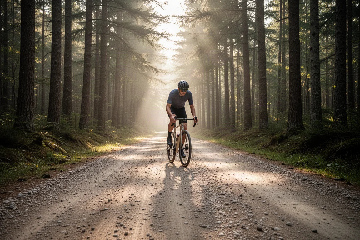 Ciclista gravel su una pista forestale tra alberi alti nella luce morbida del mattino