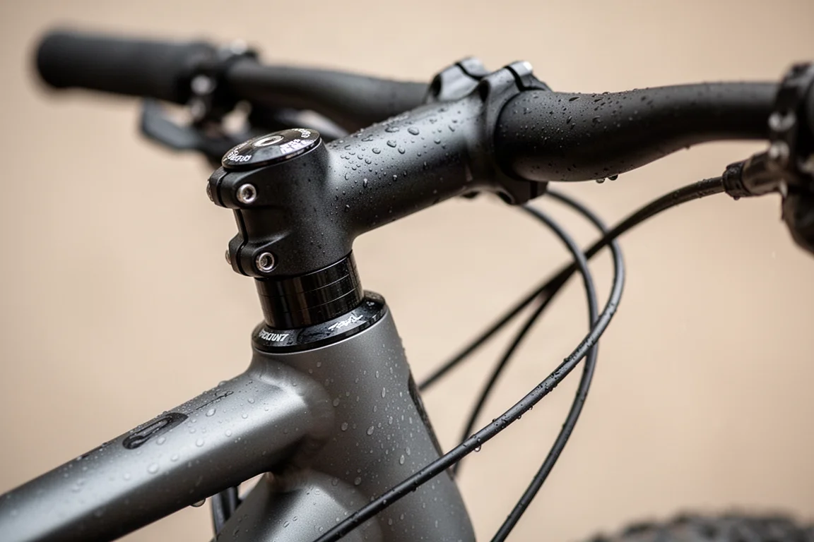 Primo piano dei cavi passati internamente che entrano nel telaio della bici sotto l'attacco del manubrio