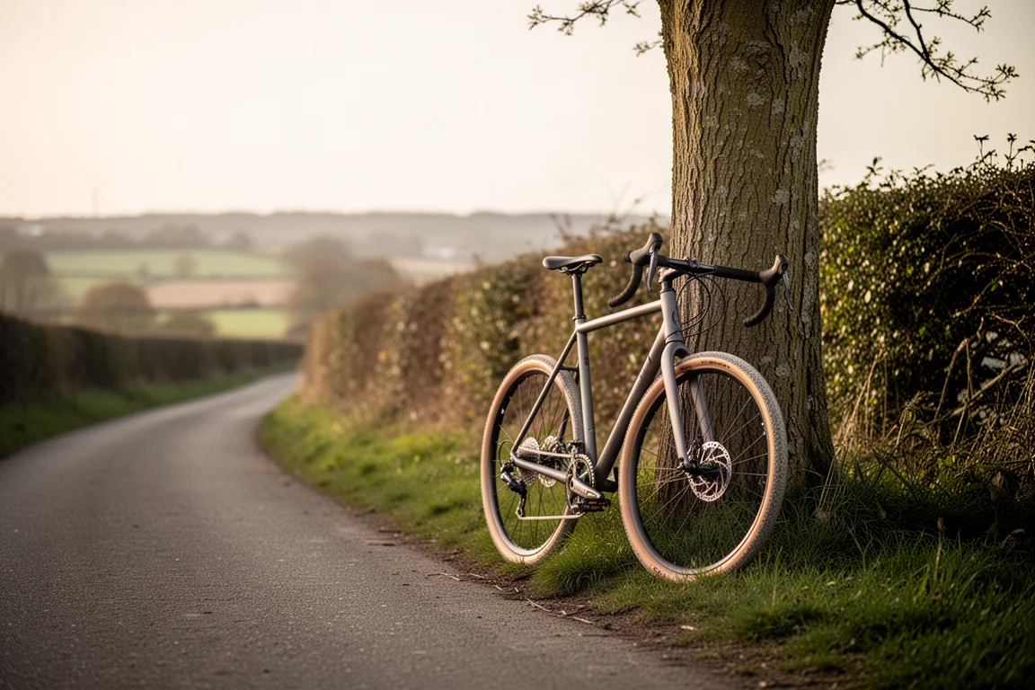 Bici gravel appoggiata a un albero lungo una tranquilla strada di campagna nell'ora dorata