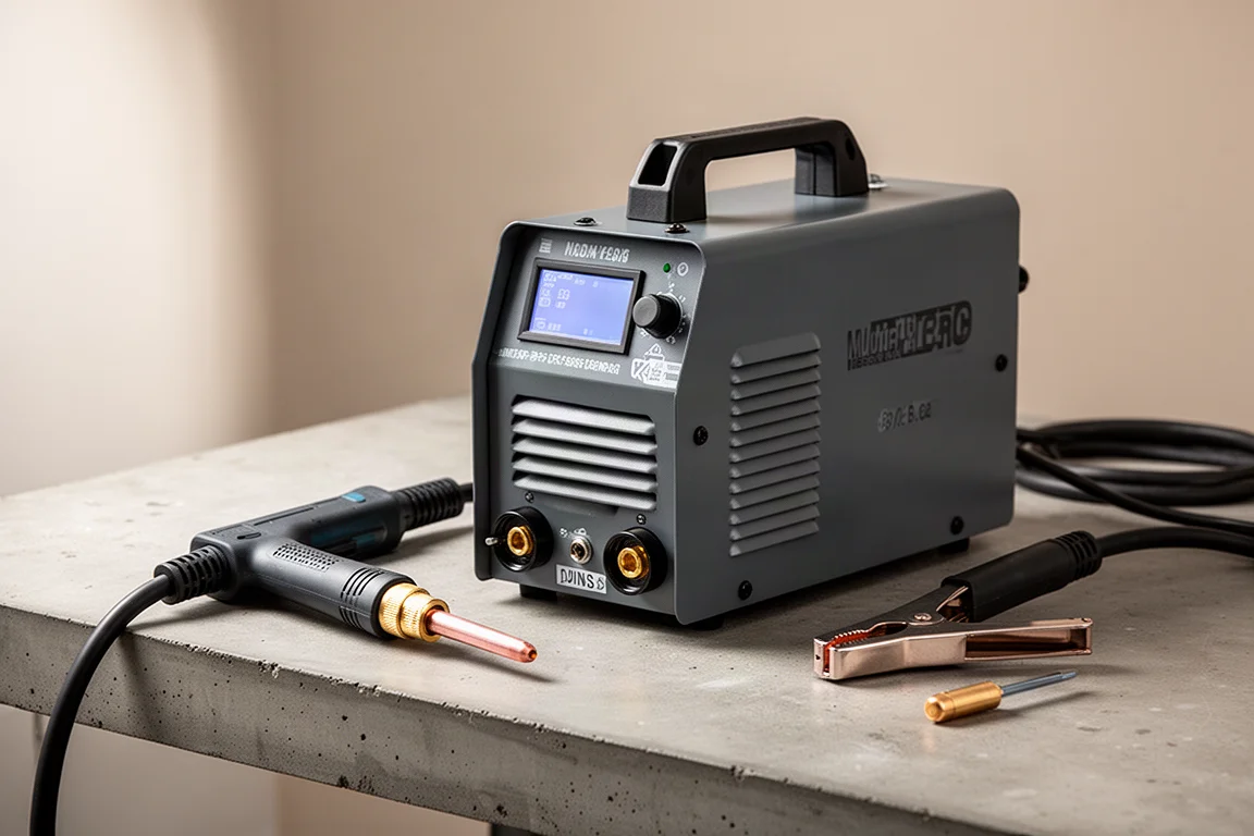 Compact welding machine on a workbench with welding gun and clamp