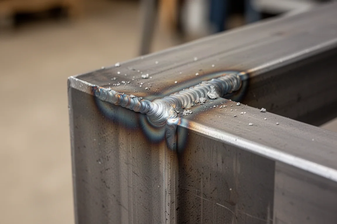 Close-up of a flux core weld bead on square steel tubing