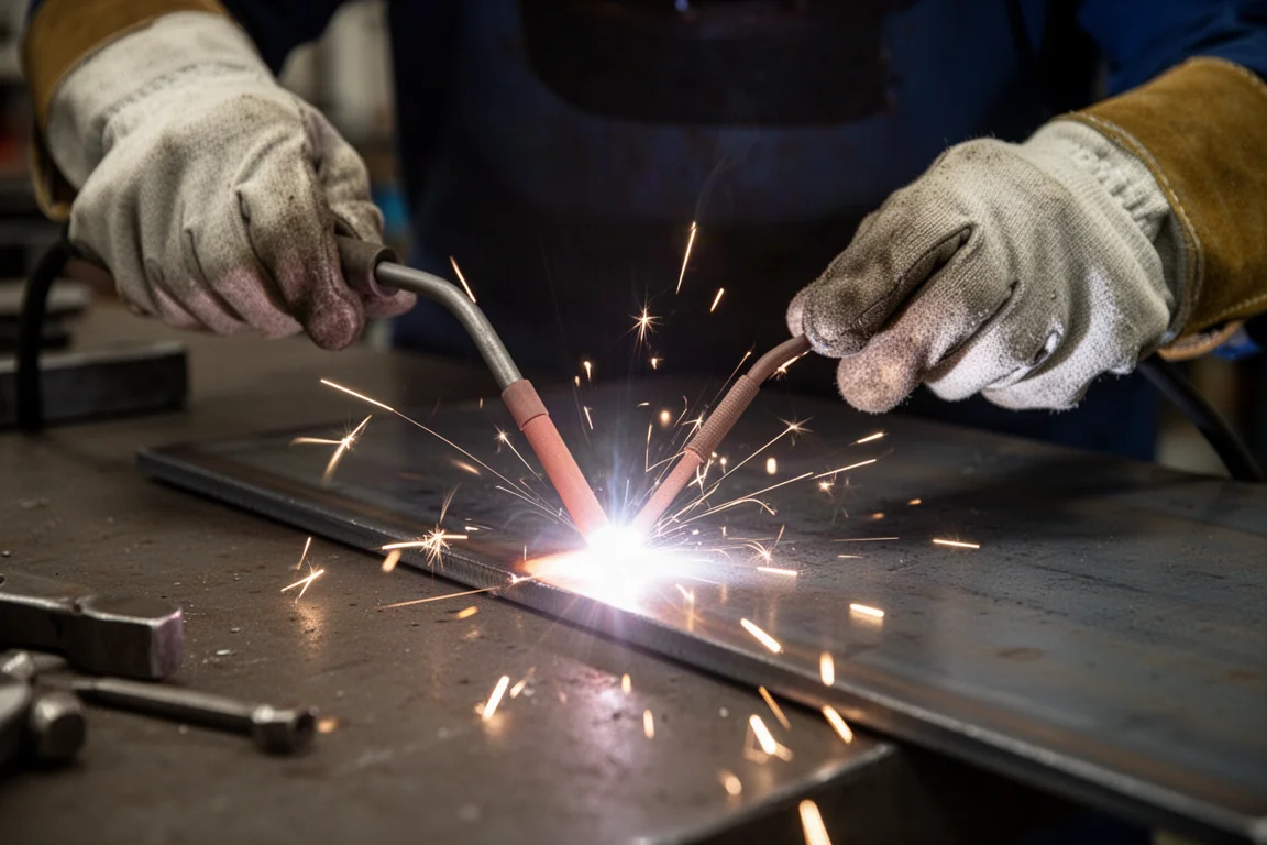 Stick welding electrode burning on a steel plate with sparks