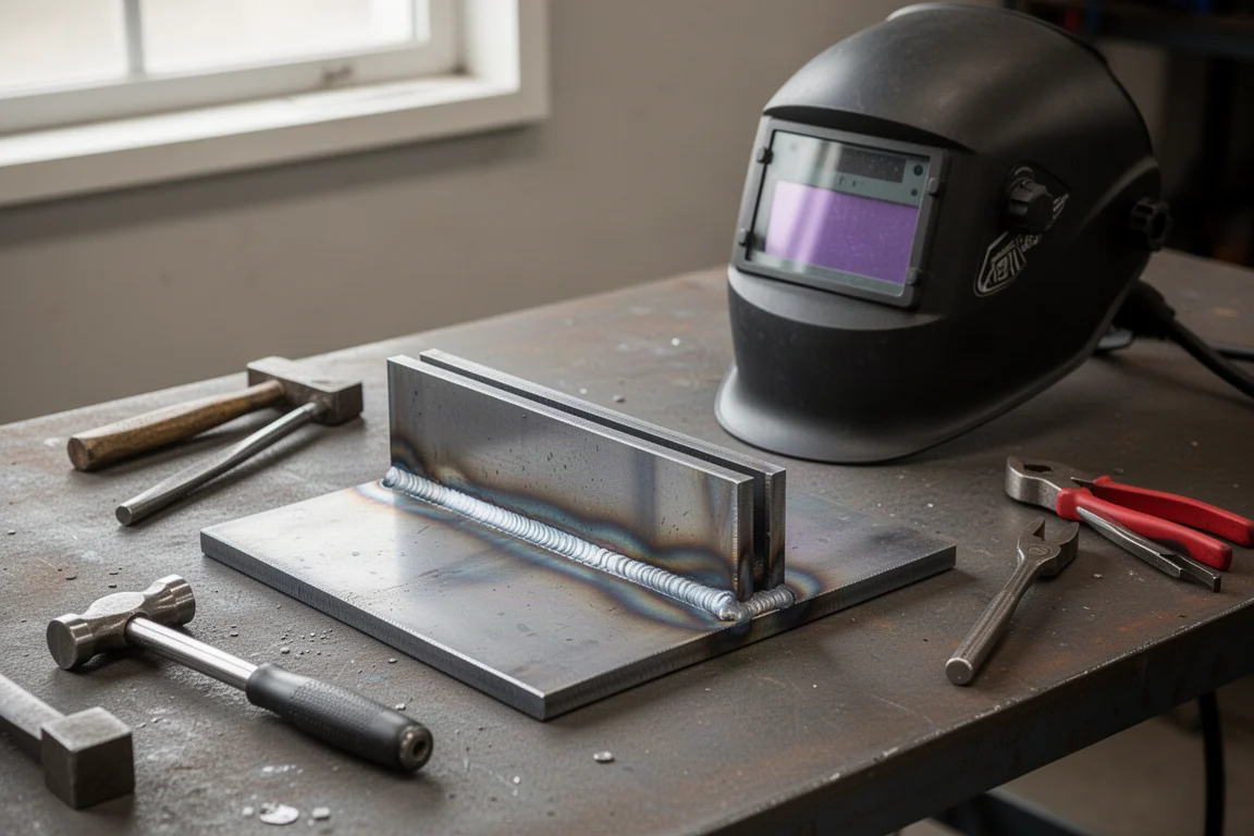 Welder's workbench with tools and a completed weld test piece