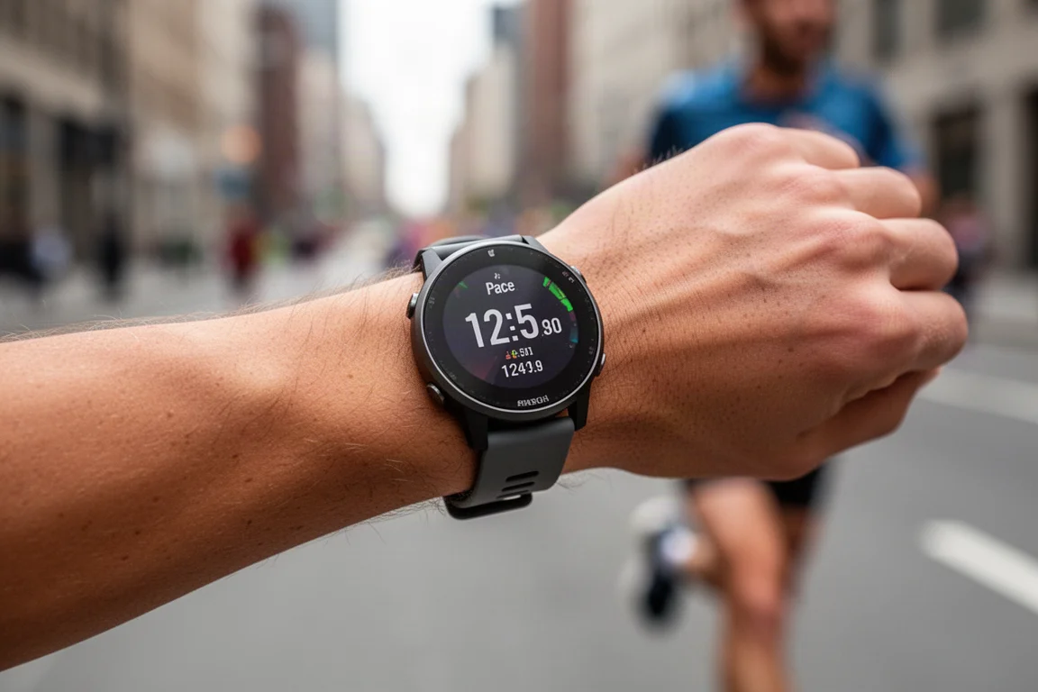 Pulso de um corredor mostrando um relógio GPS esportivo com ritmo ao vivo no visor