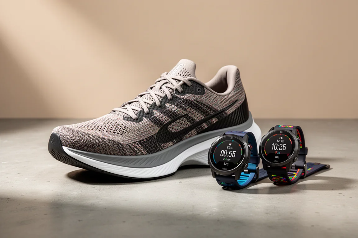 Scarpa da gara con placca in carbonio accanto a due orologi sportivi GPS su una superficie di cemento
