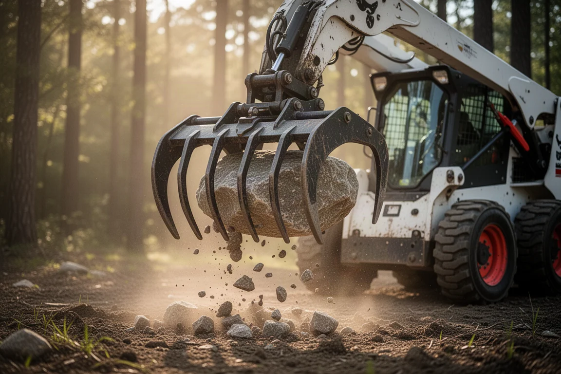 Skid steer grapple gripping a large rock in a wooded clearing