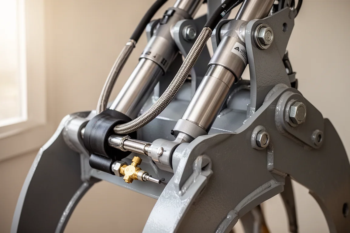 Close-up of two hydraulic cylinders and needle valve on a grapple attachment