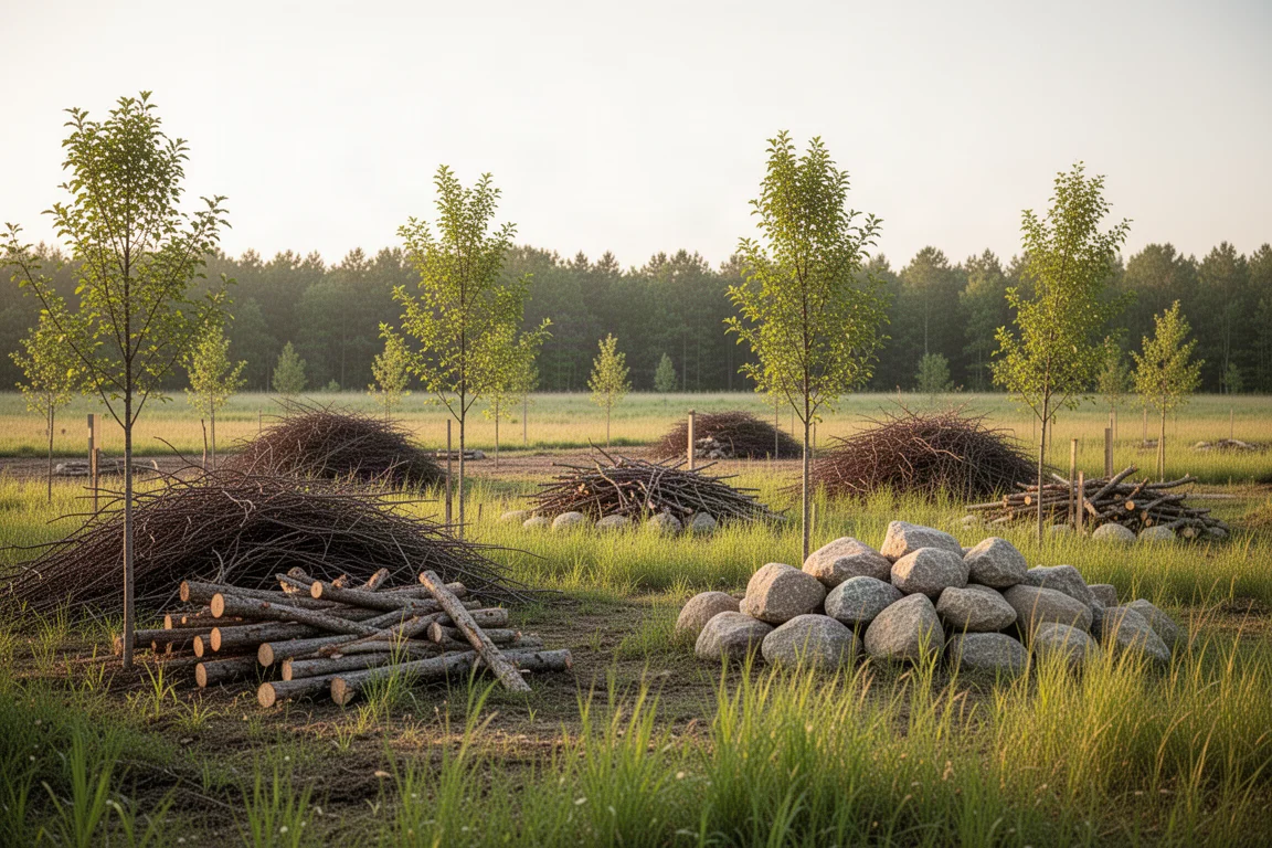 Brush and logs piled in a clearing during habitat restoration work