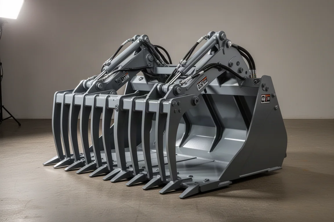 Grey 84-inch skid steer skeleton rock grapple with hydraulic cylinders on a concrete floor