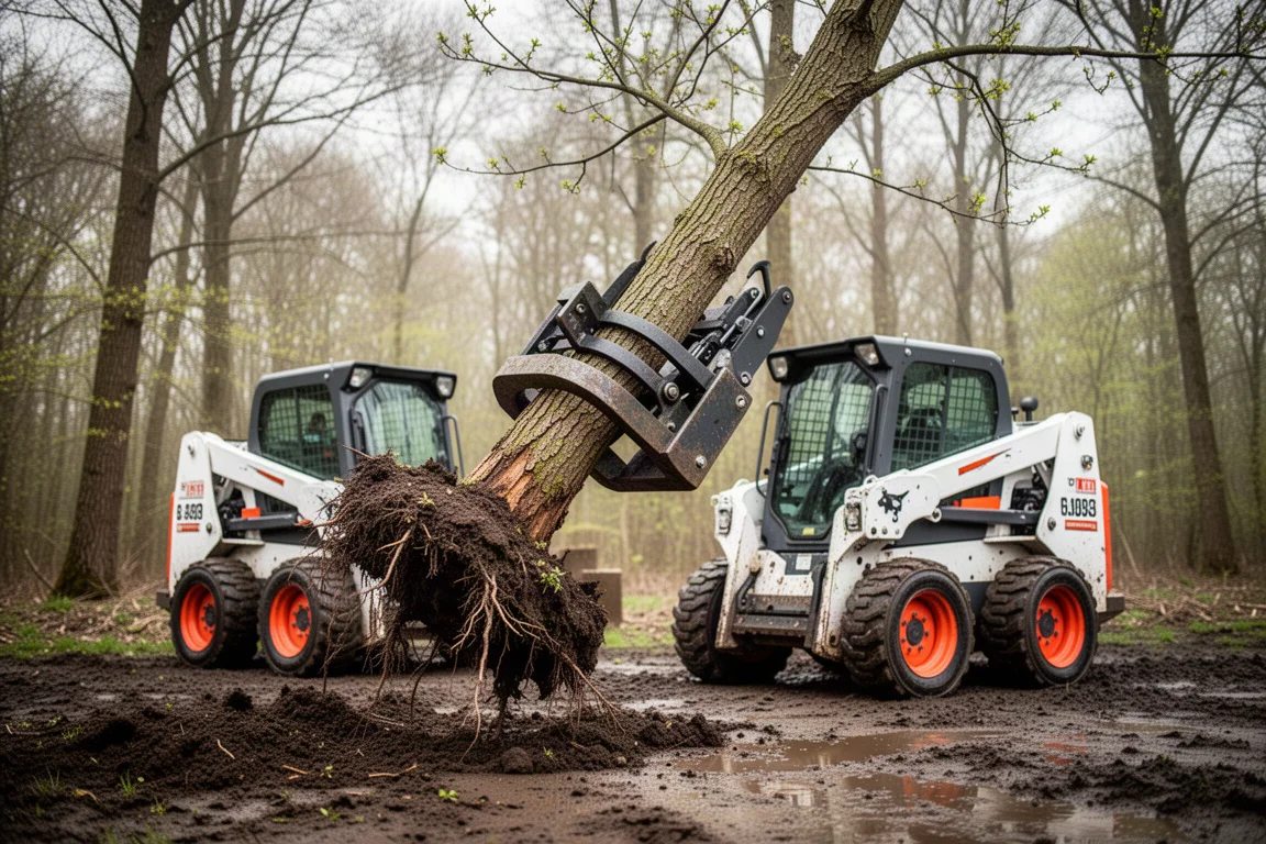 Skid Steer zieht einen kleinen Baum aus weichem Waldboden, Wurzeln sichtbar