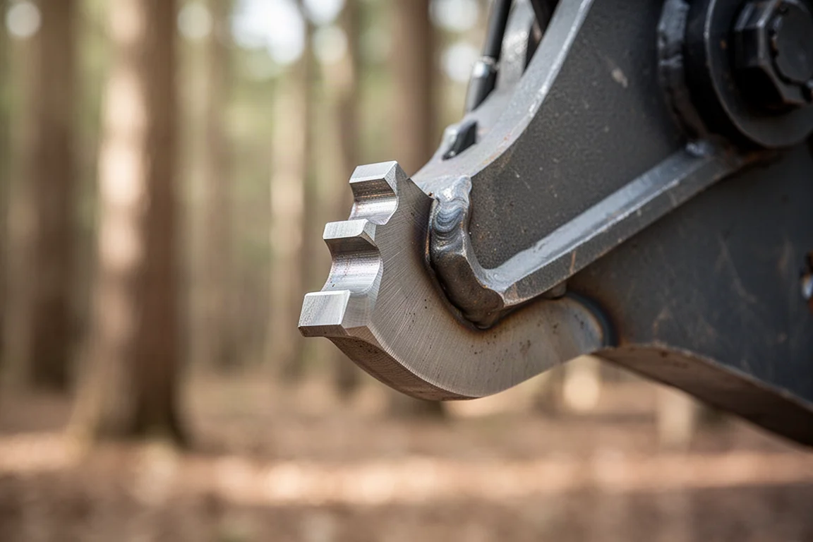Nahaufnahme eines aggressiven Stahl-Greifzahns am vorderen Greifer eines Tree Pullers
