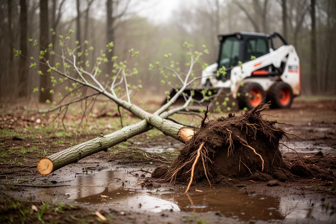 Gezogener Baum liegt auf dem Boden neben einem großen freigelegten Wurzelballen