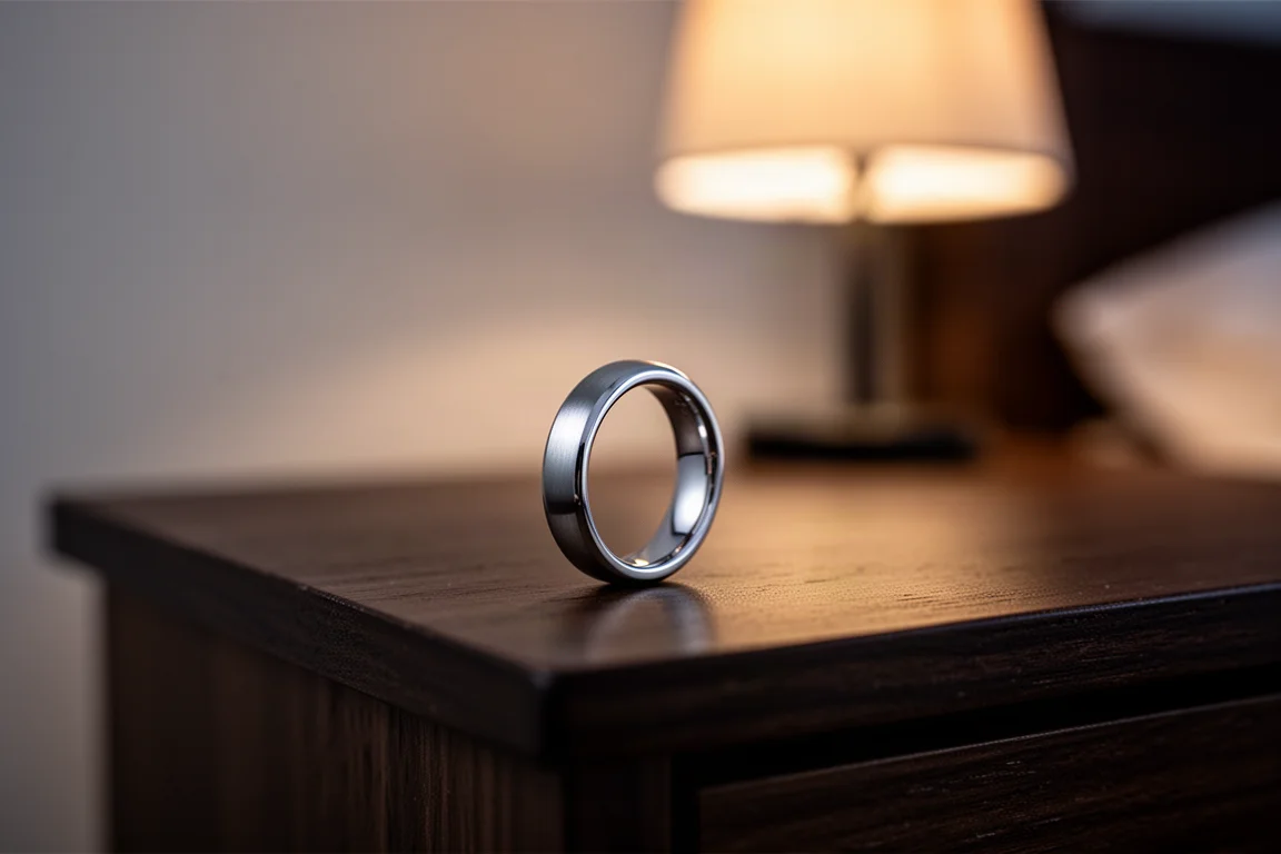 Een gepolijste metalen ring die in de schemering op een nachtkastje ligt