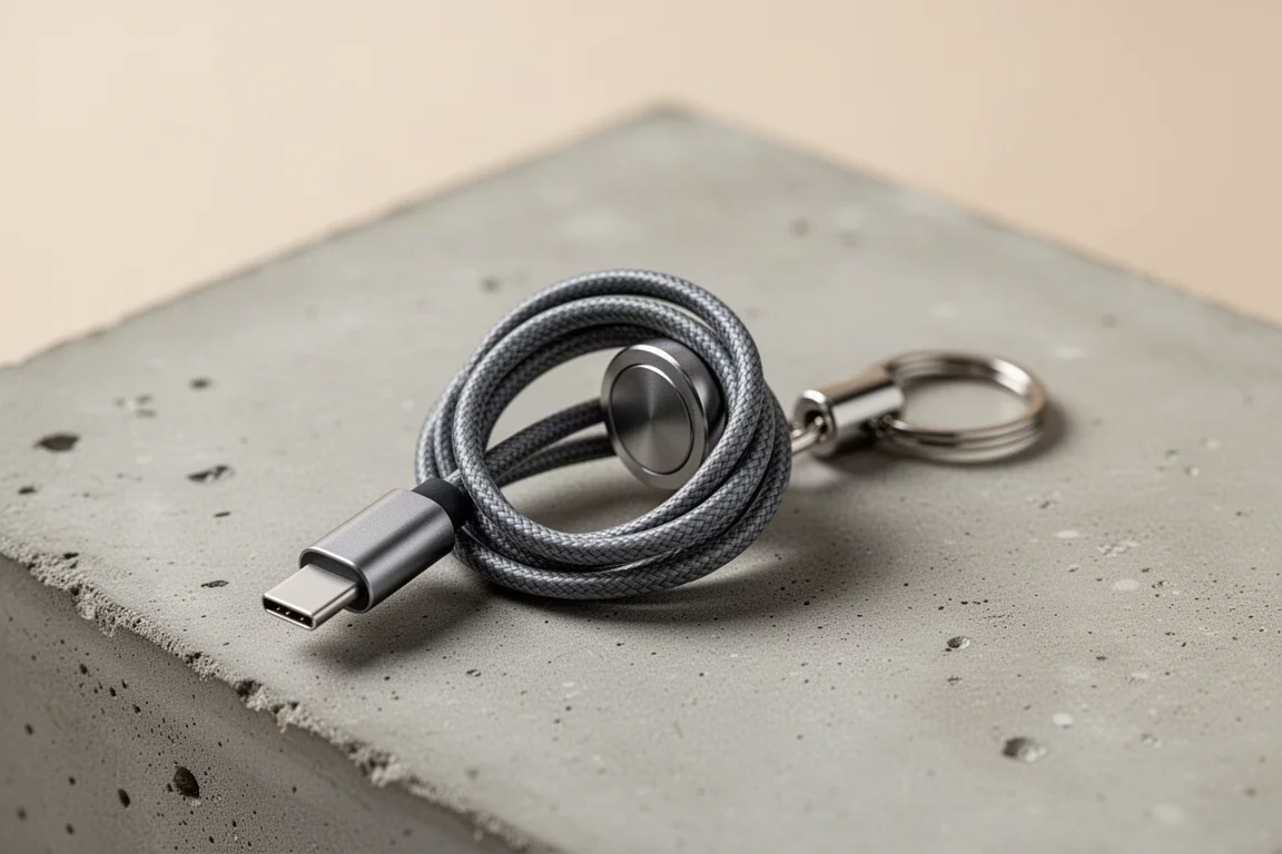 Een korte metalen oplaadkabel die tot een lus is opgerold aan een sleutelhanger
