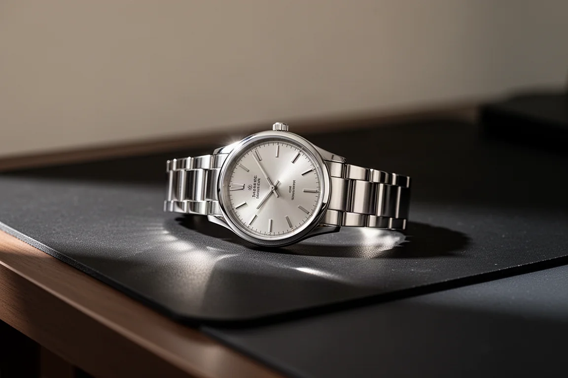 Een stalen horloge met een minimalistische wijzerplaat op een donker bureau