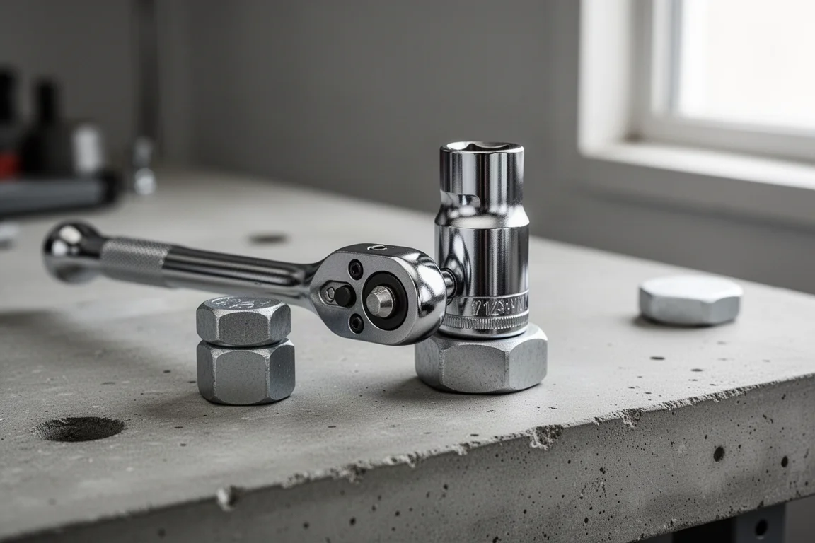 Close-up of a ratchet head engaged with a socket on a bolt in a workshop