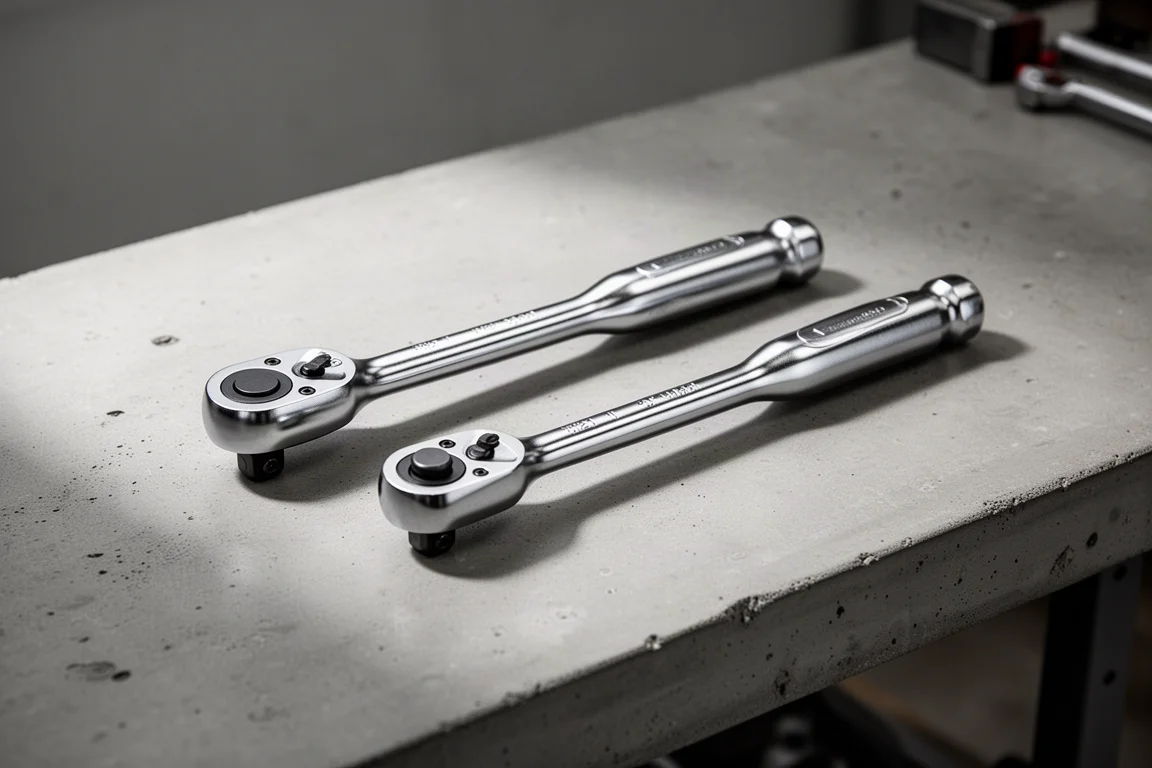Two budget ratchets lying side by side on a concrete workshop bench