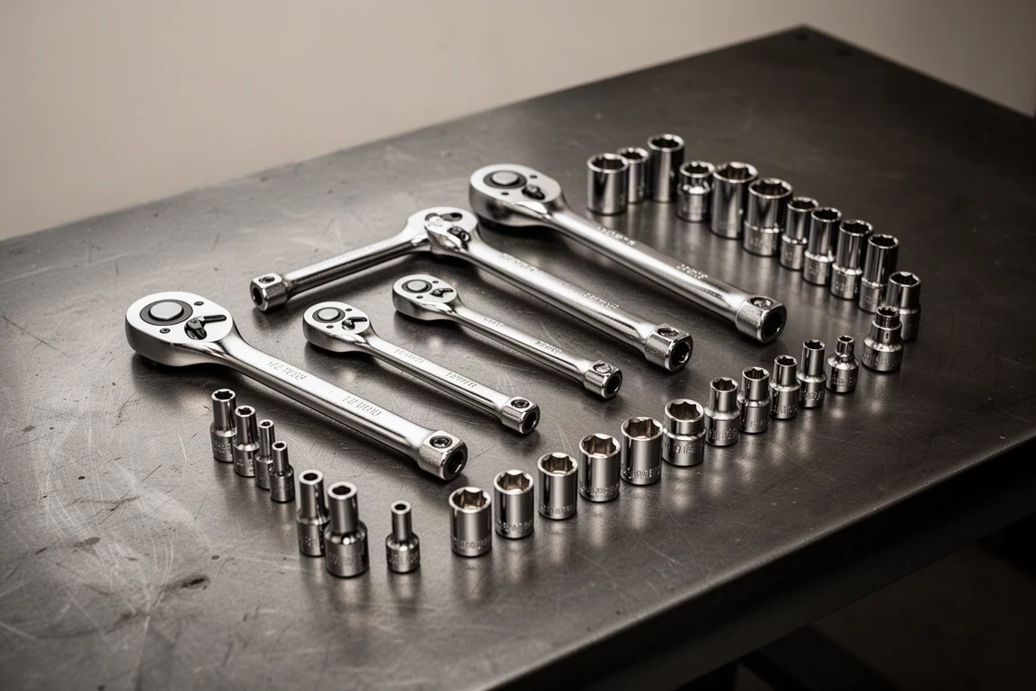 Mechanic-style flat lay of ratchets and sockets arranged on a workbench